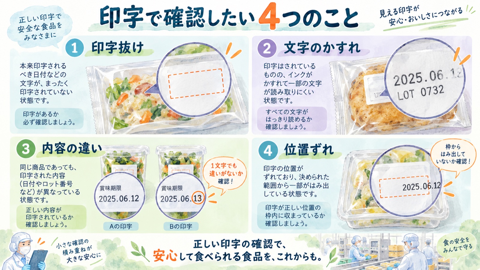 印字抜け、文字のかすれ、内容の違い、位置ずれの4つの確認例