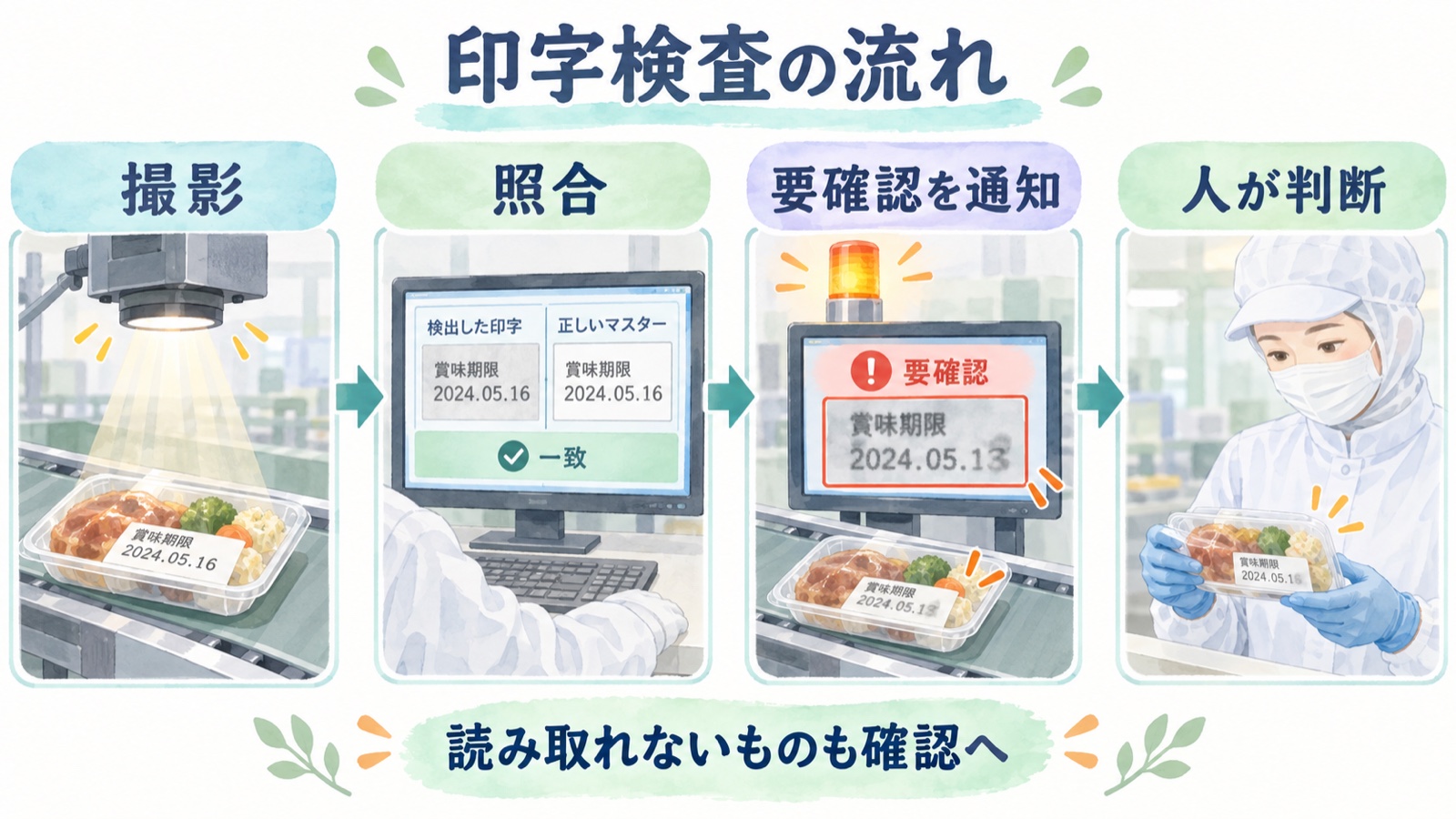 製品の撮影、正解との照合、要確認の通知、人による判断という印字検査の流れ