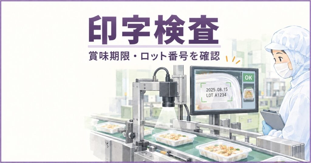 食品工場でカメラを使い賞味期限とロット番号の印字を確認する様子
