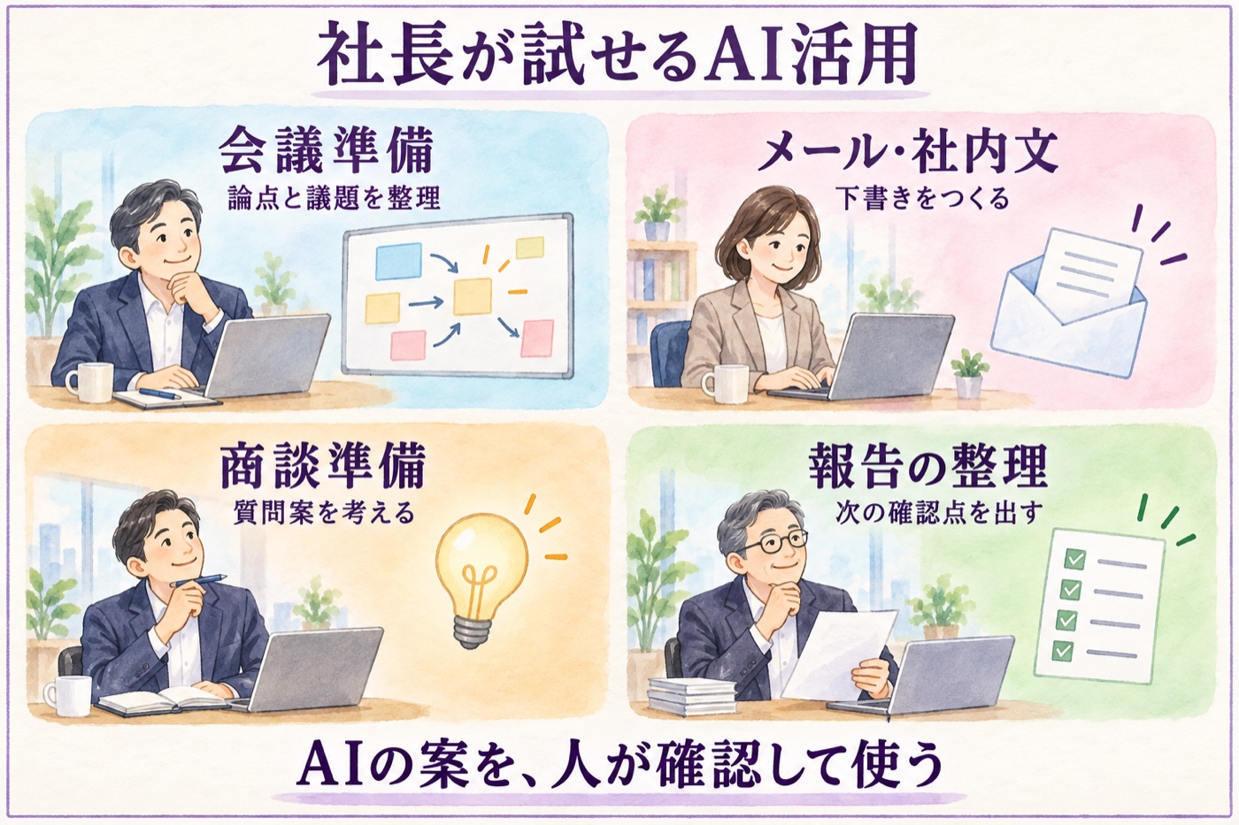 社長が試せるAI活用4例。会議準備、メールや社内文、商談準備、報告の整理。