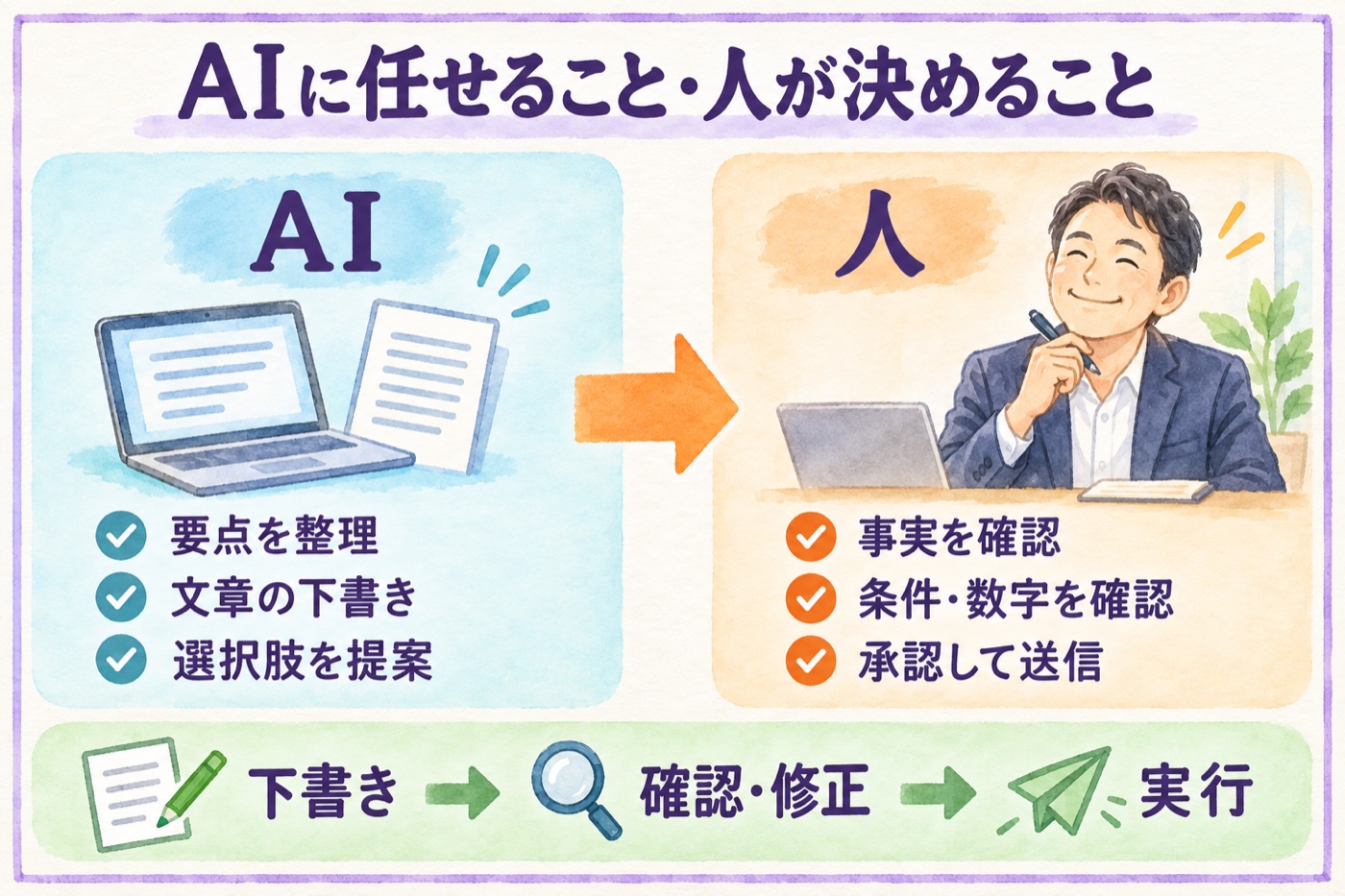 AIは要点整理・文章の下書き・選択肢を提案し、人が事実や数字を確認して承認する役割分担。