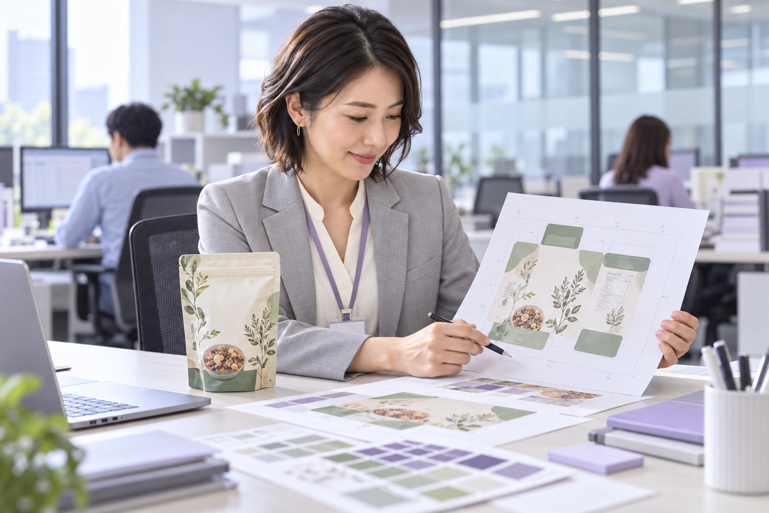 企業のオフィスで女性社員が食品パッケージの版下を確認している様子