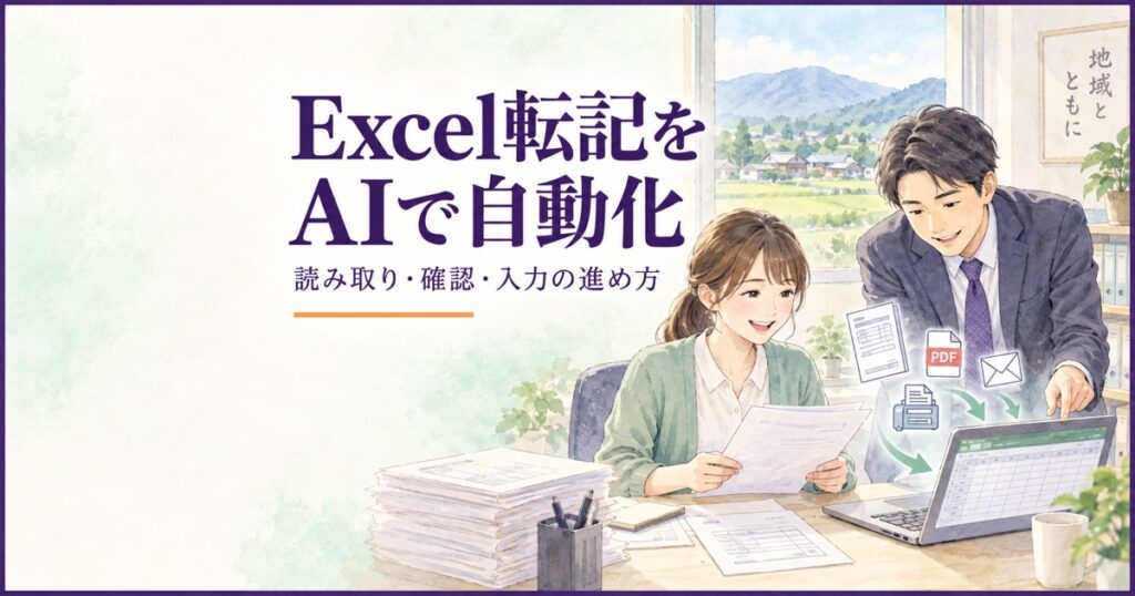 Excel転記をAIで自動化。地方中小企業の事務担当者と男性の専門家が、紙の帳票とExcelを確認する水彩イラスト。