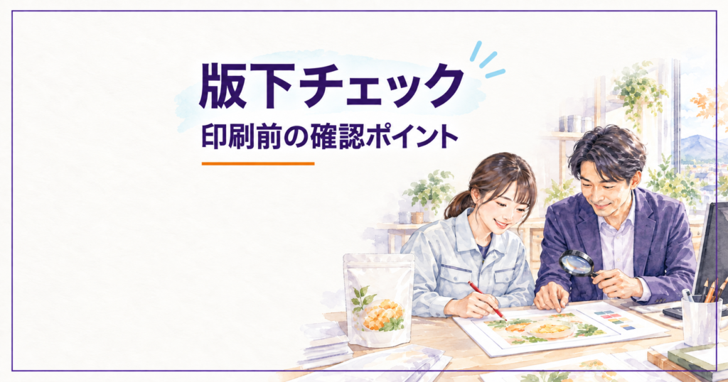 版下チェック・印刷前の確認ポイント。食品パッケージの版下を確認する男女の水彩イラスト