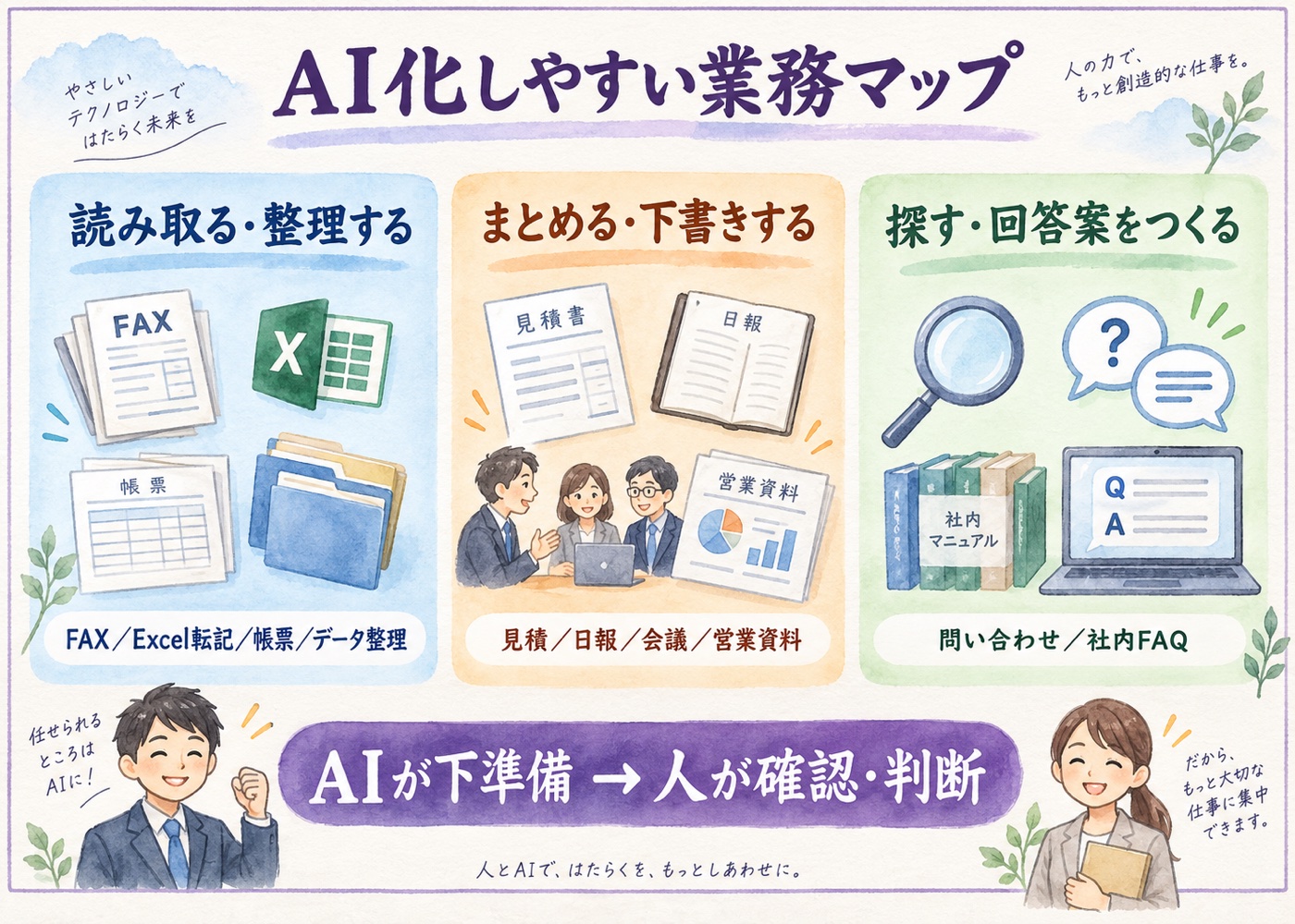 AI化しやすい業務マップ。FAX・Excel転記・帳票・データ整理、見積・日報・会議・営業資料、問い合わせ・社内FAQを3分類。AIが下準備し、人が確認・判断する。