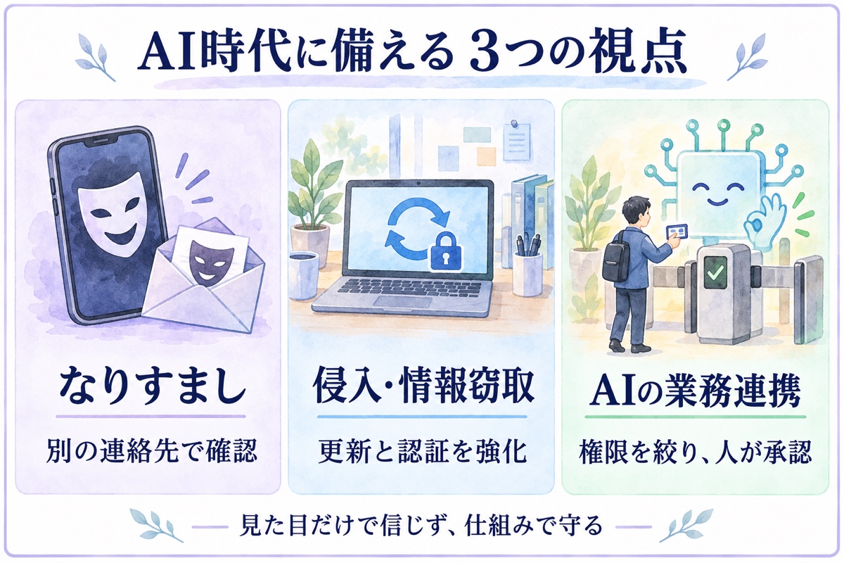 AI時代の3つの備え。なりすましには別経路の確認、侵入には更新と認証、AIの業務連携には権限制限と人の承認