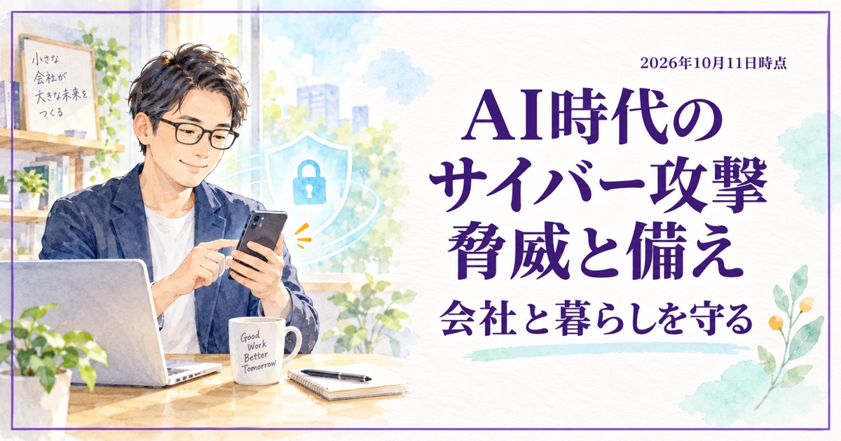 AI時代のサイバー攻撃の脅威と備え。スマートフォンの連絡を確認する経営者と鍵のイラスト