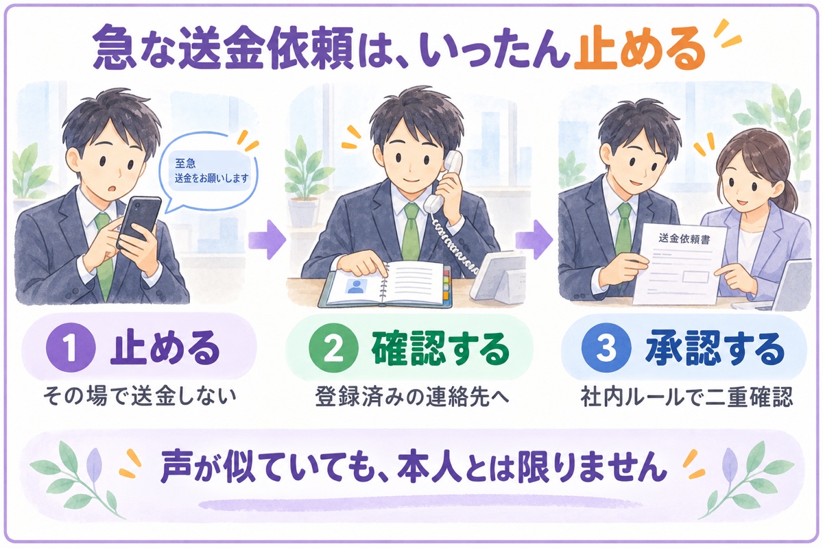 急な送金依頼を受けた際の3ステップ。その場で送金せず、登録済みの連絡先に確認し、社内ルールで二重確認する