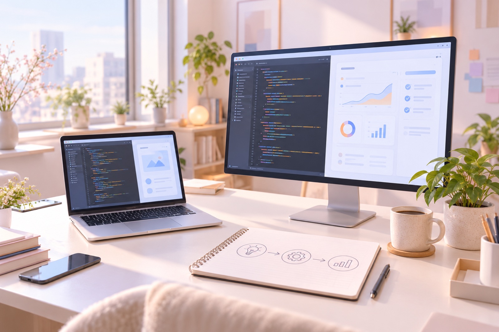 明るいオフィスでコードと業務ツールの試作画面を表示するパソコン