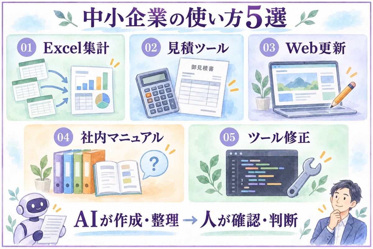 中小企業向けのClaude CodeとCodexの使い方5選。Excel集計、見積ツール、Web更新、社内マニュアル、ツール修正を示す図
