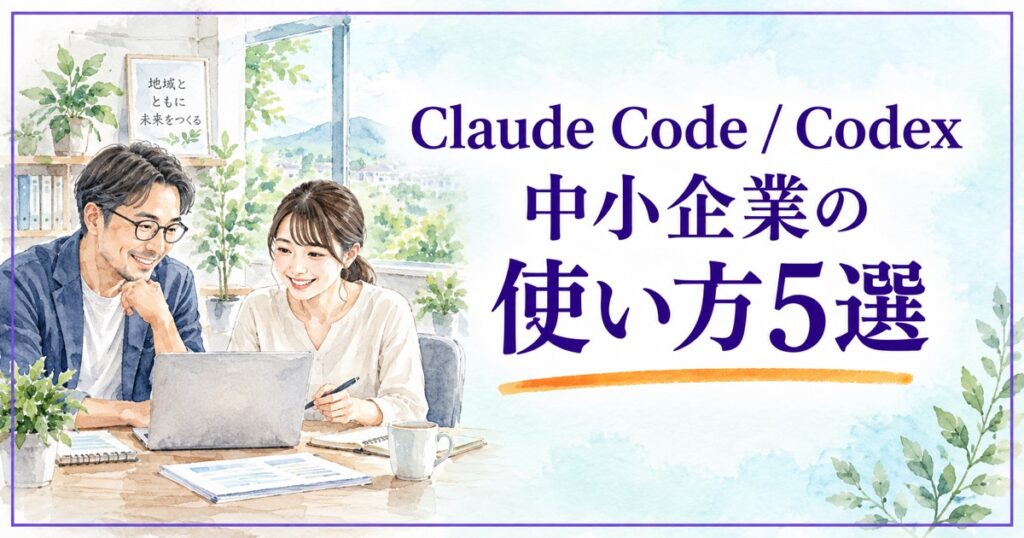 Claude CodeとCodexの中小企業向け使い方5選。地域のオフィスでパソコンを確認する経営者と担当者の水彩イラスト。