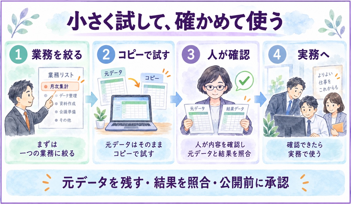 業務を絞る、コピーで試す、人が確認する、実務へ進めるという4段階。元データを残し、結果を照合し、公開前に承認する