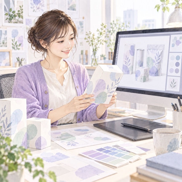 モニターと紙のパッケージ版下を確認するデザイナーのイラスト