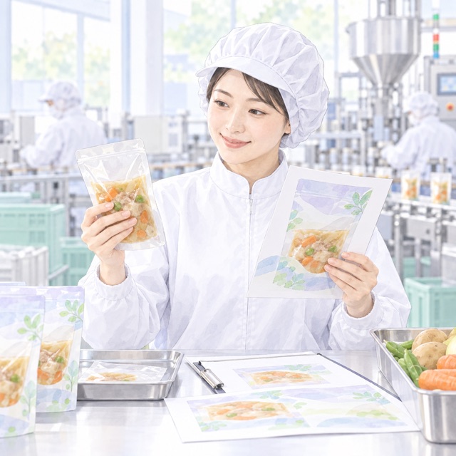 食品パウチと版下を照合する食品メーカーの品質担当者のイラスト