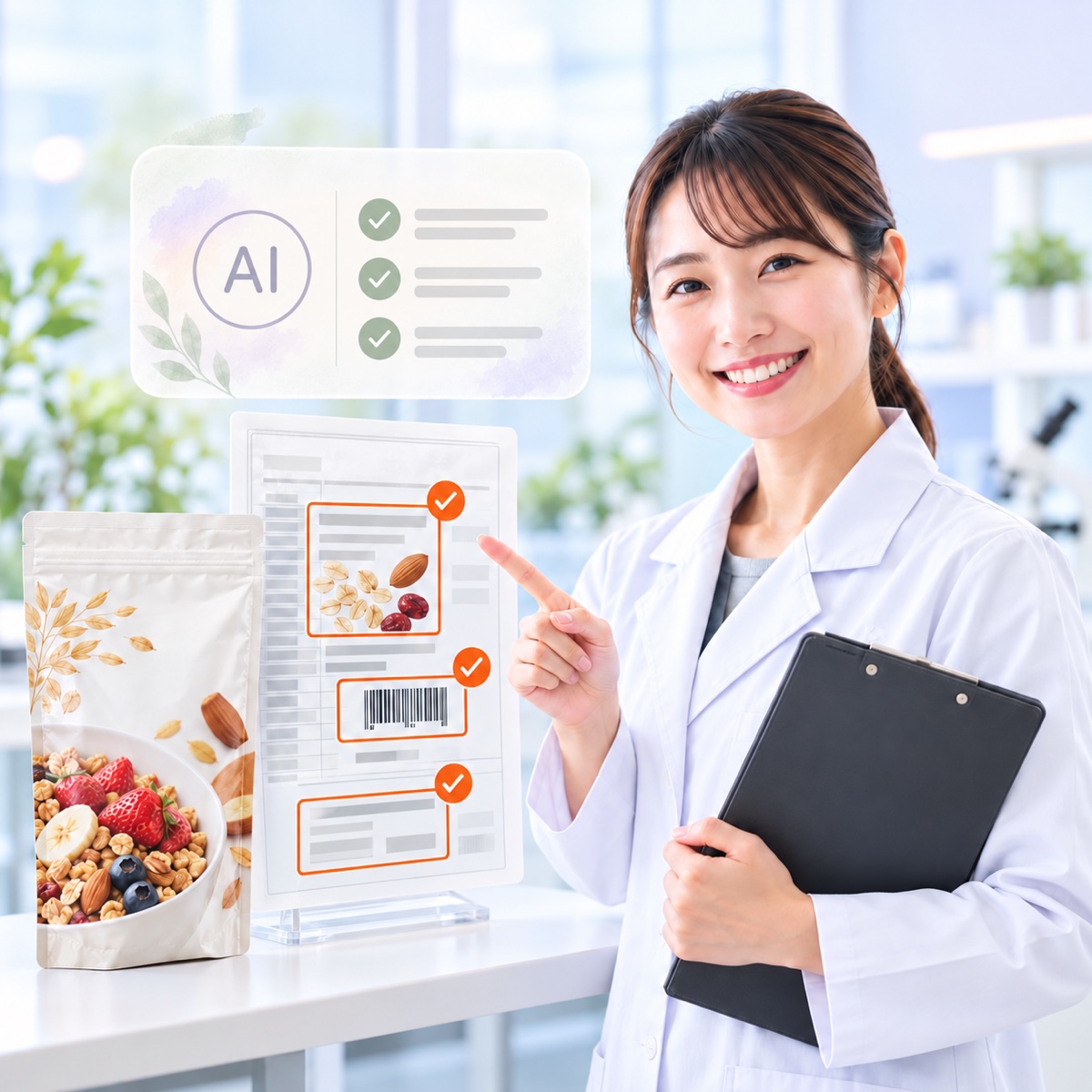 柔らかなAIチェック表示と食品パッケージの版下を紹介する女性担当者のイメージ