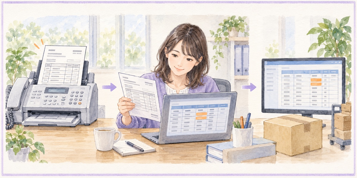 FAX注文書をAIで読み取り、人が内容を確認して基幹システムにつなぐイメージ