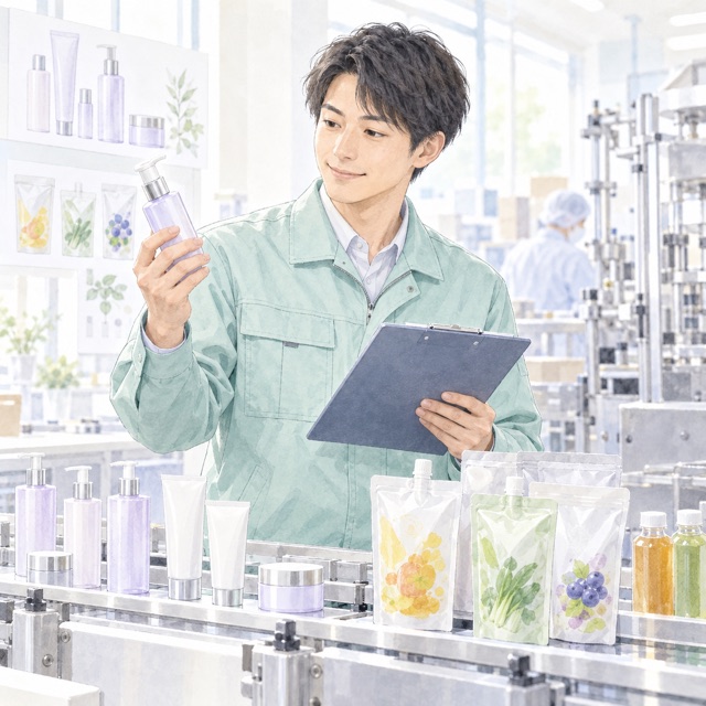 製造ラインで容器とパウチを確認するOEM製造担当者のイラスト