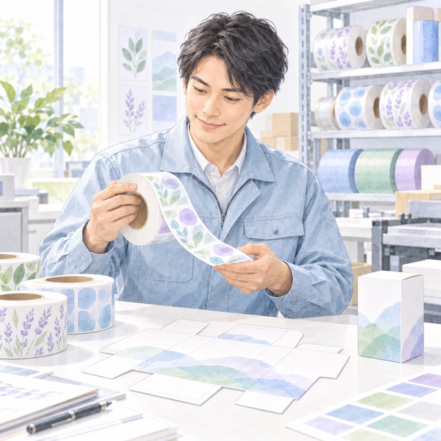 ラベルロールと箱の展開図を確認する包材会社の担当者のイラスト