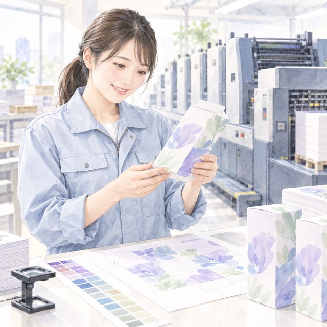 印刷機のそばで色校正紙を確認する印刷会社の担当者のイラスト